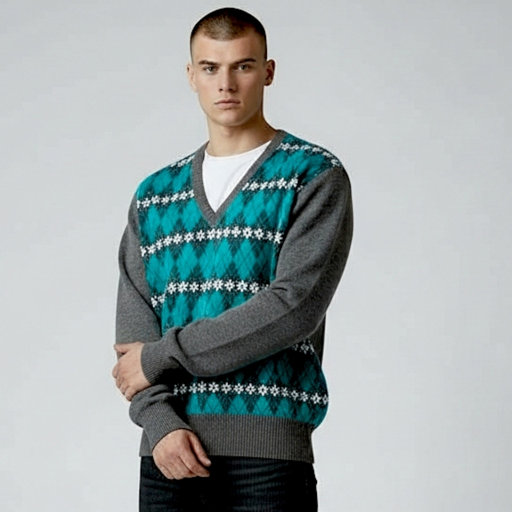 Retro Mens Preppy Sweater Argyle PrintGray Turquoise Sz L 80s